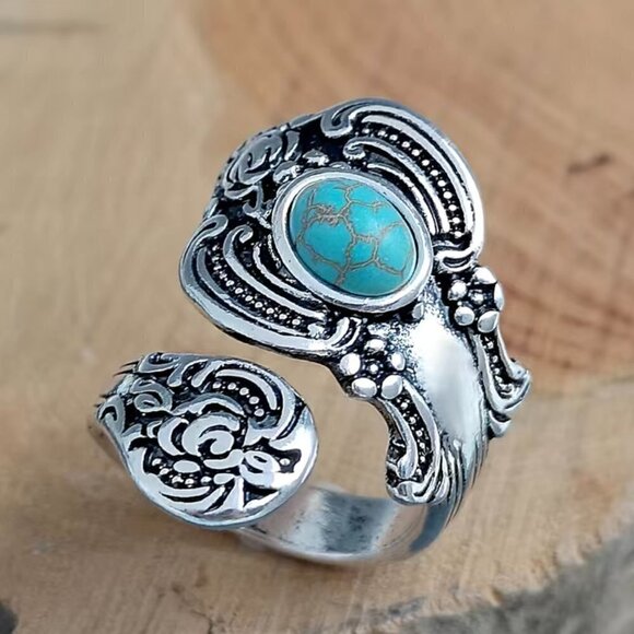 Boho Faux Turquoise Floral Adjustable Spoon Ring #1214 - Picture 8 of 8